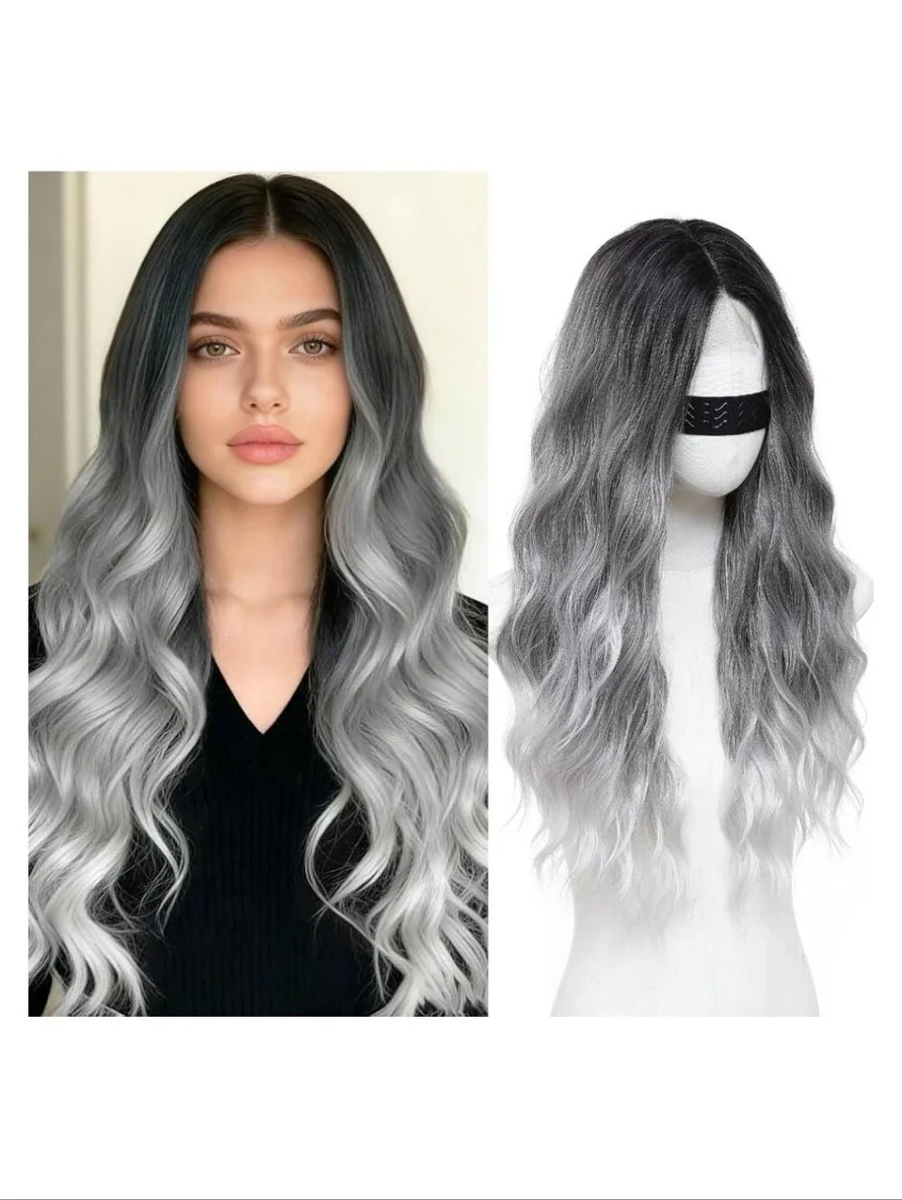 Long Silver Wavy Synthetic Wig for Women - Sleek Elegant Style 26